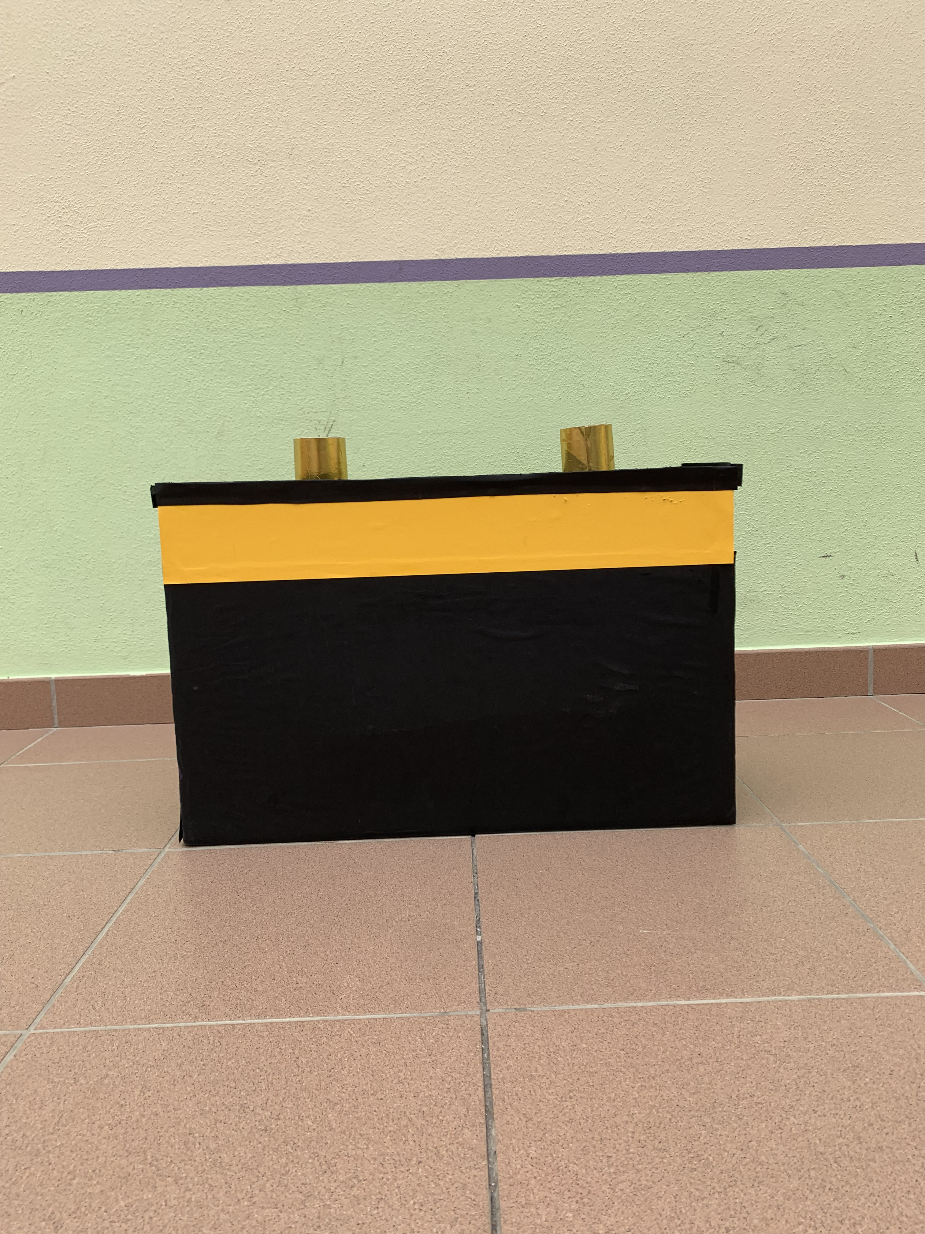 Para a forma do traga-pilhas foi utilizada uma caixa de papelão reutilizada, que foi coberta com cartolinas pretas e amarelas para as faixas, que foram compradas na papelaria da escola.